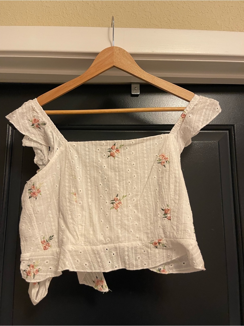 White Eyelet Crop Top with Pink Floral Embroidery